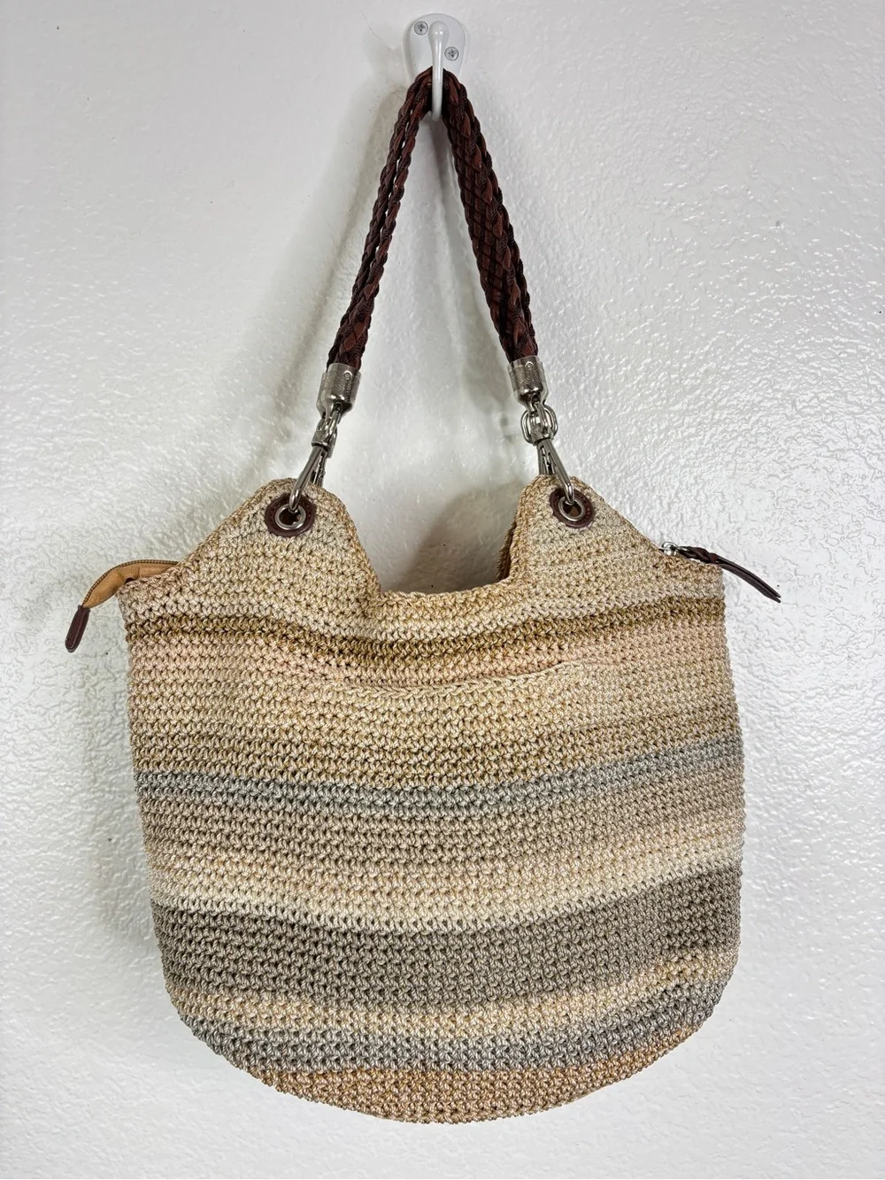 THE SAK Striped Crochet Leather Strap Hobo Purse Shoulder Bag Brown Cream